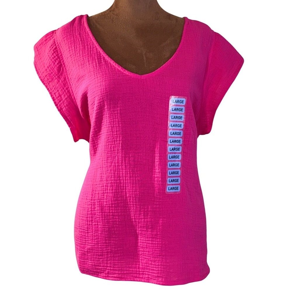Three Dots‎ Top T-shirt Large Cotton Gauze Pink V Neck Lightweight NWT Blouse - Picture 2 of 9